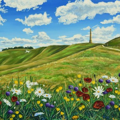 Cherhill Down in Spring Cherhill White Horse and Monument, giclée print on paper or stretched canvas