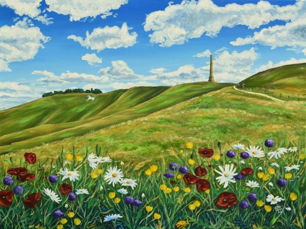 Cherhill Down in Spring Cherhill White Horse and Monument, giclée print on paper or stretched canvas