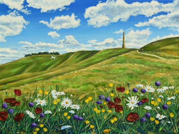 Cherhill White Horse and Monument, giclée print on paper or stretched canvas