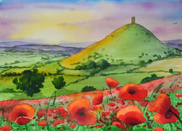 Glastonbury Tor with Poppies Glastonbury Tor with Poppy Field, giclée print on paper
