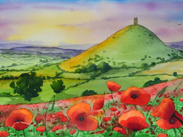 Glastonbury Tor with Poppy Field, giclée print on paper