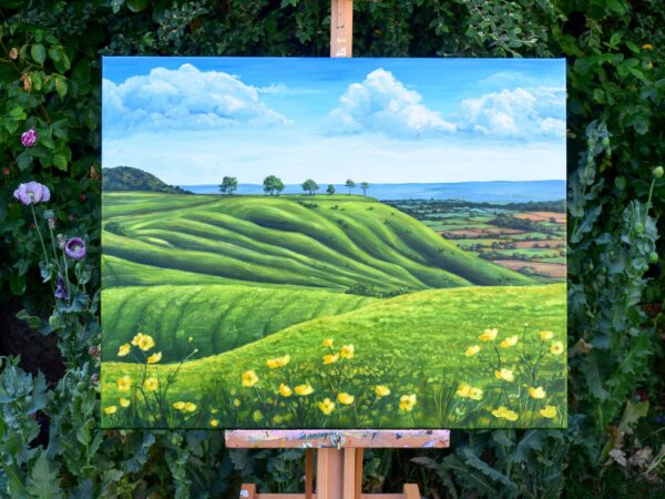 Spring at Roundway Down, Wiltshire, original acrylic on stretched canvas
