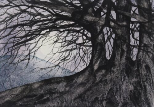 Avebury Beeches by Moonlight, small original watercolour