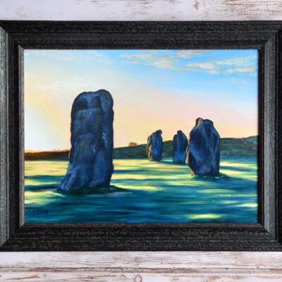 DSC_0002 Avebury Sunrise, Wiltshire, original acrylic on stretched canvas, framed, 15.5 x 19.5 inches