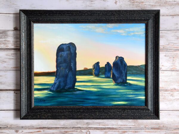DSC_0002 Avebury Sunrise, Wiltshire, original acrylic on stretched canvas, framed, 15.5 x 19.5 inches
