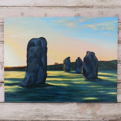 DSC_0004 Avebury Sunrise, Wiltshire, original acrylic on stretched canvas, framed, 15.5 x 19.5 inches