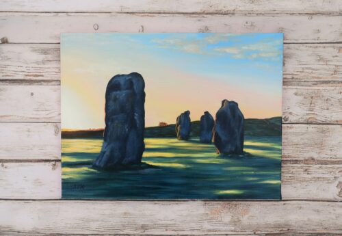 DSC_0004 Avebury Sunrise, Wiltshire, original acrylic on stretched canvas, framed, 15.5 x 19.5 inches