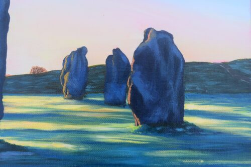 DSC_0007 Avebury Sunrise, Wiltshire, original acrylic on stretched canvas, framed, 15.5 x 19.5 inches