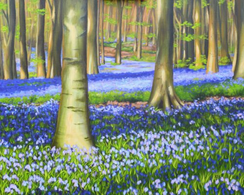 Bluebells v3 Evening Bluebells in West Woods, Marlborough, Wiltshire, original acrylic on stretched canvas, 24x30 inches