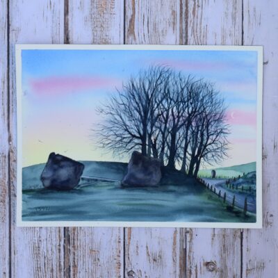 DSC_0003 Avebury Dawn with Crescent Moon, original watercolour