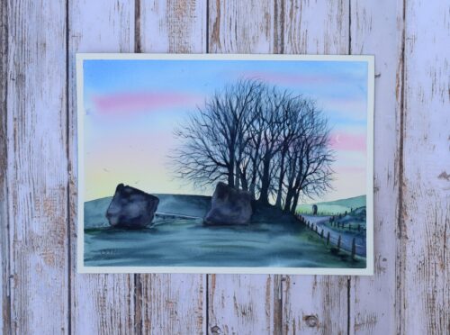DSC_0003 Avebury Dawn with Crescent Moon, original watercolour