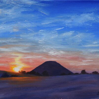 Summer Sunset Over Silbury Hill, Wiltshire, original acrylic on stretched canvas, framed, approx. 11x9 inches