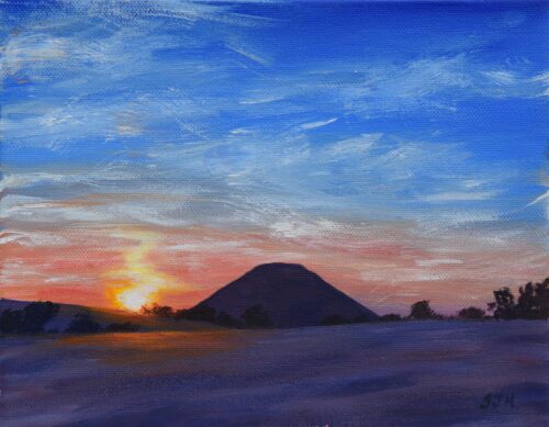 Summer Sunset Over Silbury Hill, Wiltshire, original acrylic on stretched canvas, framed, approx. 11x9 inches