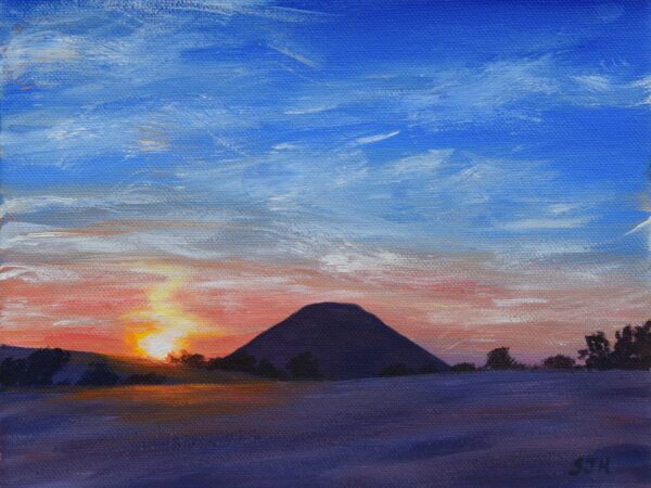 DSC_0003 Summer Sunset Over Silbury Hill, Wiltshire, original acrylic on stretched canvas, framed, approx. 11x9 inches