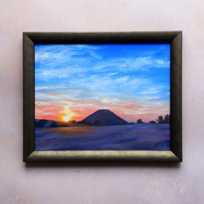 Summer Sunset Over Silbury Hill, Wiltshire, original acrylic on stretched canvas, framed, approx. 11x9 inches