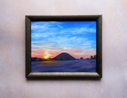 Summer Sunset Over Silbury Hill, Wiltshire, original acrylic on stretched canvas, framed, approx. 11x9 inches
