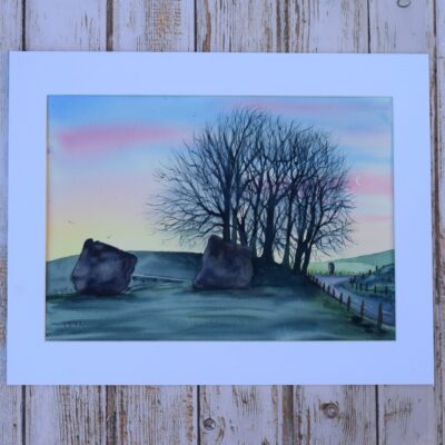 DSC_0006 Avebury Dawn with Crescent Moon, original watercolour