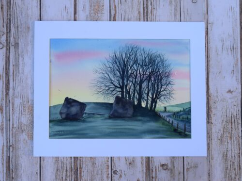 DSC_0006 Avebury Dawn with Crescent Moon, original watercolour