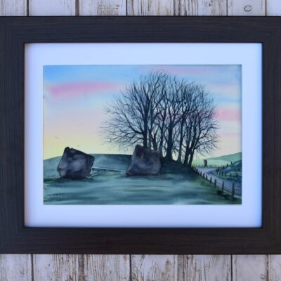 DSC_0008 Avebury Dawn with Crescent Moon, original watercolour