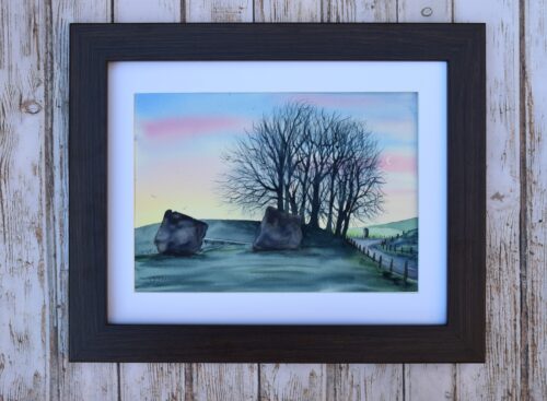 DSC_0008 Avebury Dawn with Crescent Moon, original watercolour