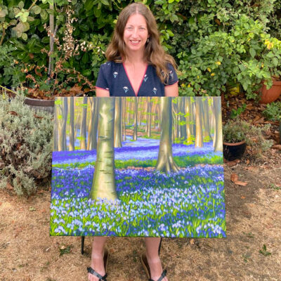 WhatsApp Image 2026-08-02 at 5.15.27 PM Evening Bluebells in West Woods, Marlborough, Wiltshire, original acrylic on stretched canvas, 24x30 inches