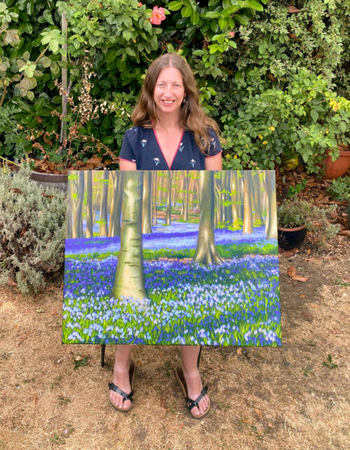 WhatsApp Image 2026-08-02 at 5.15.27 PM Evening Bluebells in West Woods, Marlborough, Wiltshire, original acrylic on stretched canvas, 24x30 inches