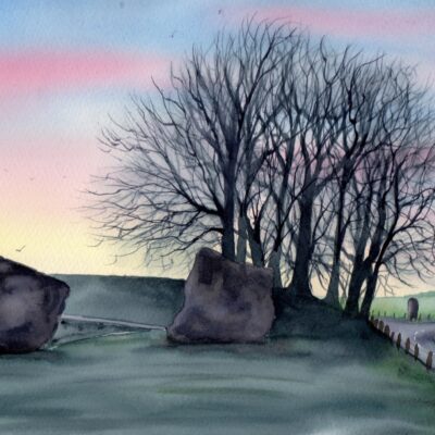 img20260812_09152463 Avebury Dawn with Crescent Moon, original watercolour