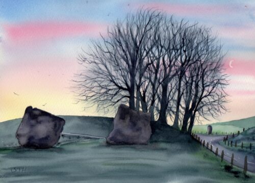 img20260812_09152463 Avebury Dawn with Crescent Moon, original watercolour