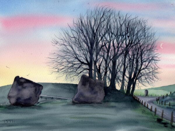 img20260812_09152463 Avebury Dawn with Crescent Moon, original watercolour